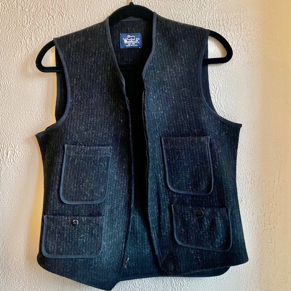 Mens Woolrich charcoal chalk stripe wool vest with zip front and pockets Sz S - Picture 6 of 13